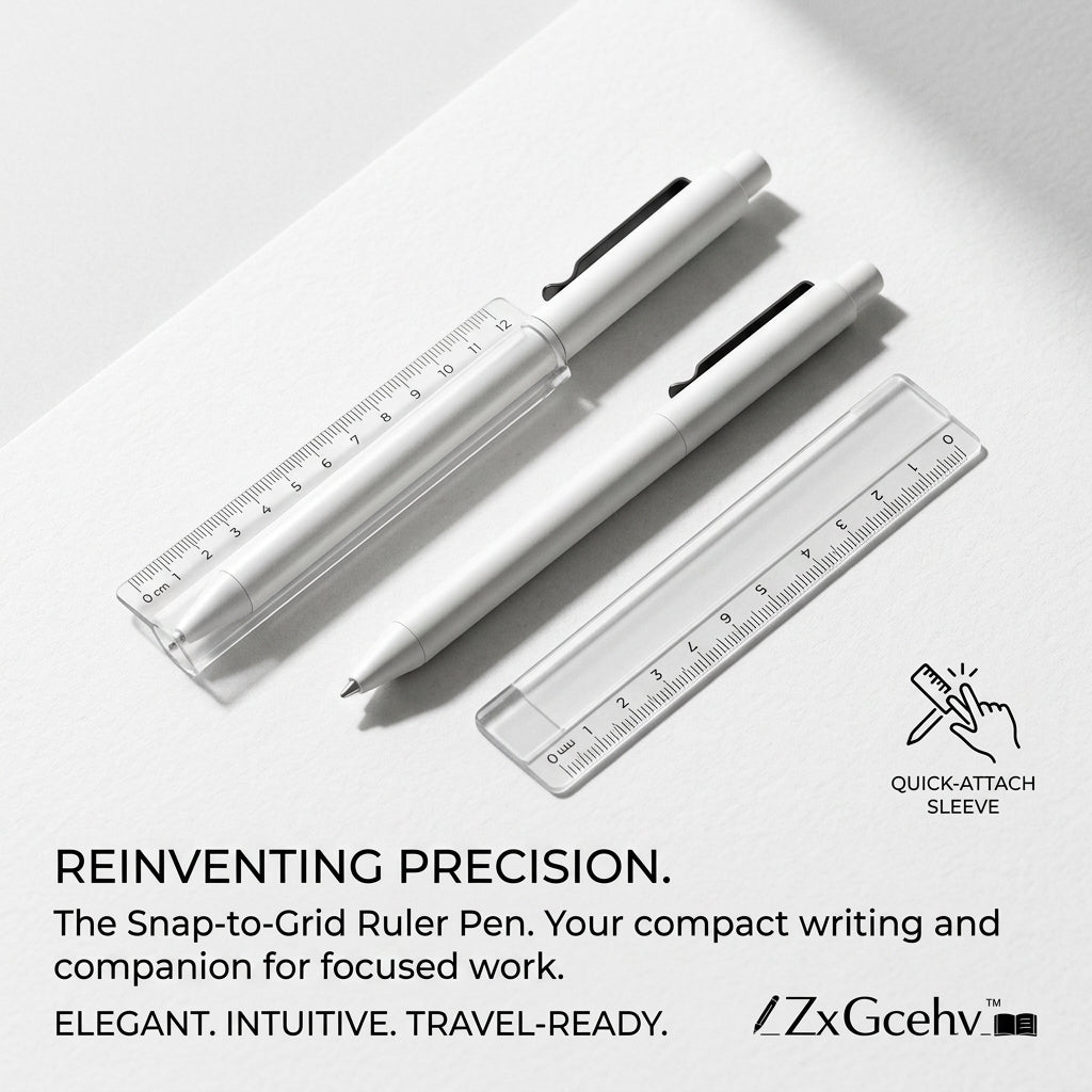 ZxGcehv™ 2-in-1 Snap-to-Grid Ruler Pen | Quick-Attach Transparent Ruler Sleeve | Minimalist Fine Point Gel Pen & Drafting Tool for Journaling, Sketching, Architects, Designers, Office & School