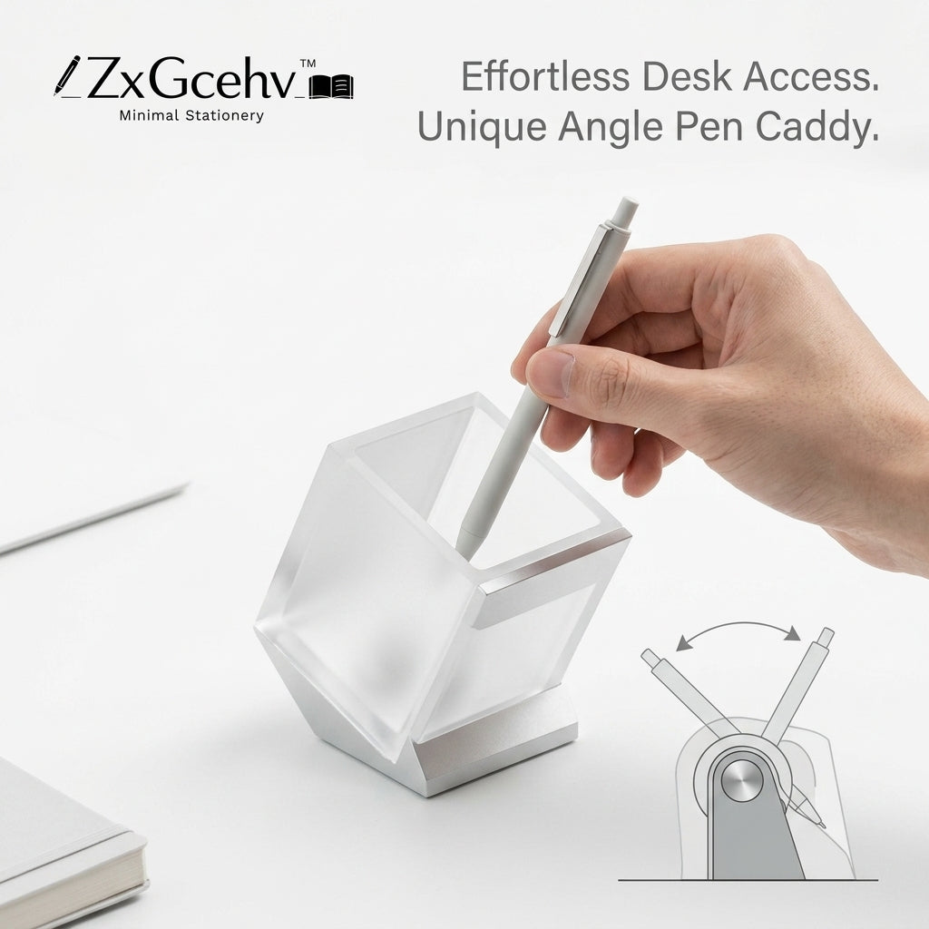 ZxGcehv™ Unique Tilt Pen Caddy – Modern Minimalist Rotating Desk Organizer, Ergonomic Stationery Holder for Office, Study & Home Workspace – Sleek Translucent Cube