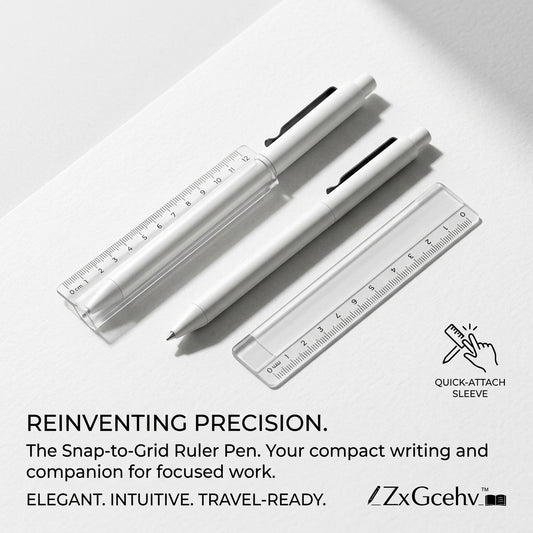 ZxGcehv™ 2-in-1 Snap-to-Grid Ruler Pen | Quick-Attach Transparent Ruler Sleeve | Minimalist Fine Point Gel Pen & Drafting Tool for Journaling, Sketching, Architects, Designers, Office & School